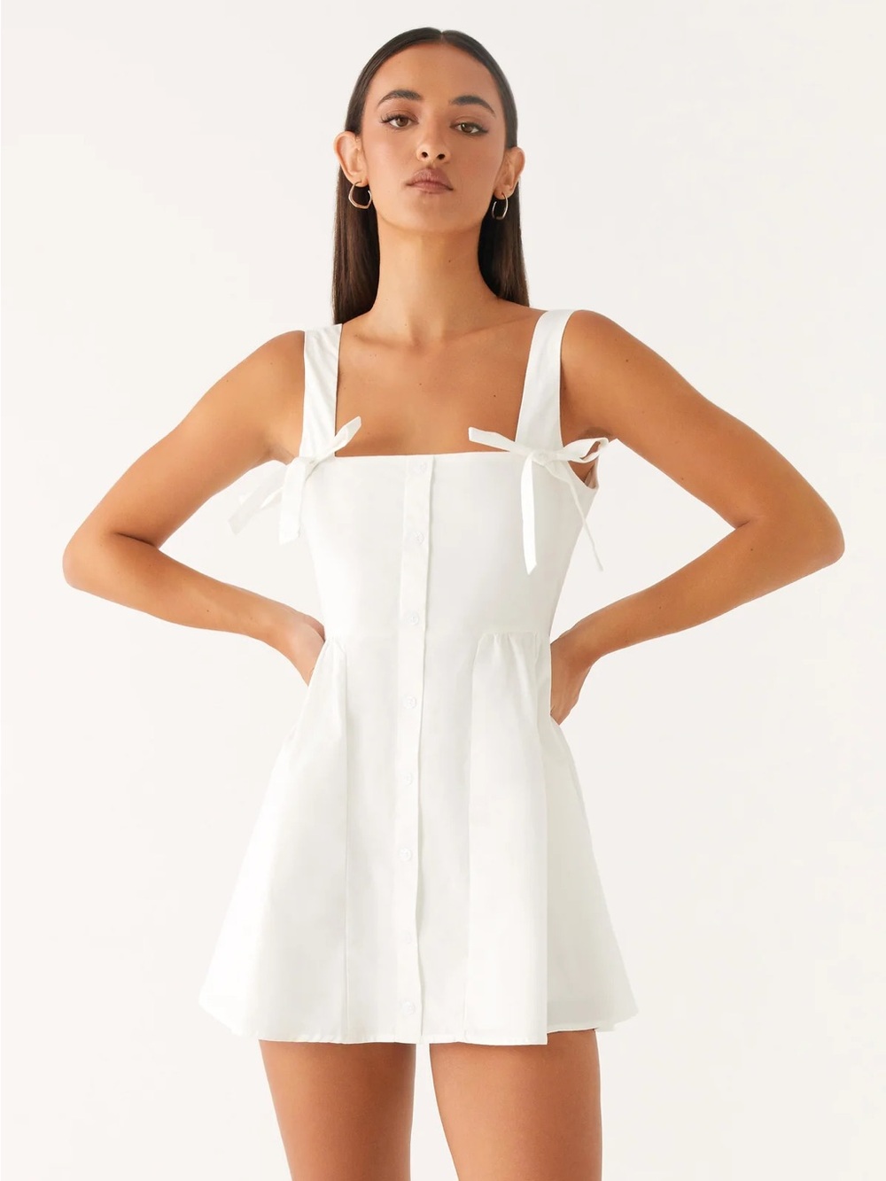 Peppermayo White Tie-Shoulder Button Front Mini Dress